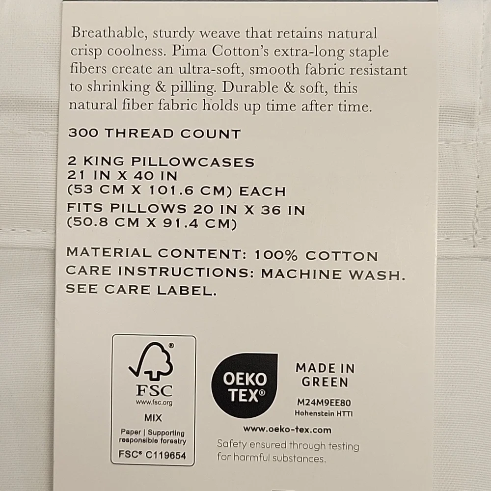 King Hotel Style Pima 300 ct Cotton Pillow Case Set of 2 in Pack